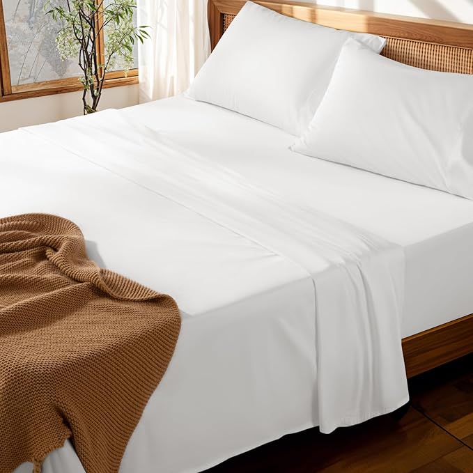 LBRO2M 100% Cotton Sheets Set Deep Pocket 19", 1000 Thread Count Full Size 4 Piece Bed Sheet Sets Soft Comfortable Bedding All Season (Full, White)