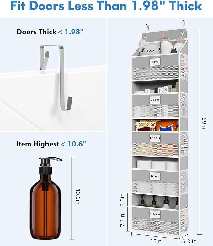 Over The Door Organizer Hanging, 5 Shelf Behind The Doors Storage, Pantry Door Organizer, Closet Organizers for Bedroom and Nursery (Grey)