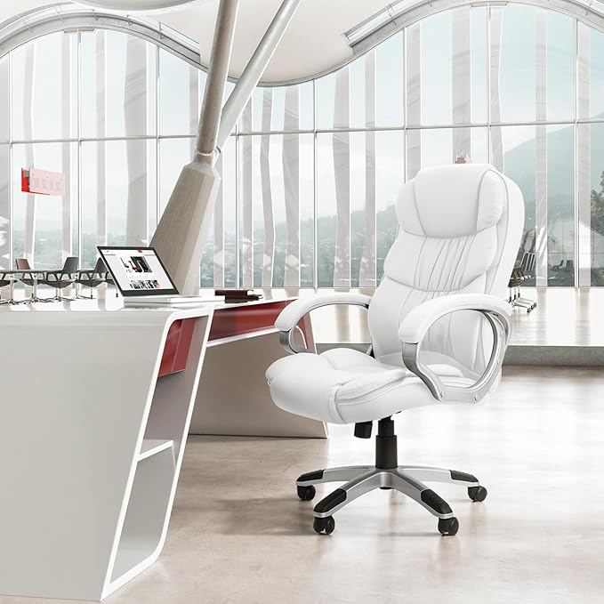 GUNJI Office Chair PU Leather High Back Executive Chair Ergonomic Computer Chair, Modern Adjustable Home Desk Chair Swivel Managerial Chair with Padded Armrests and Lumbar Support (White)