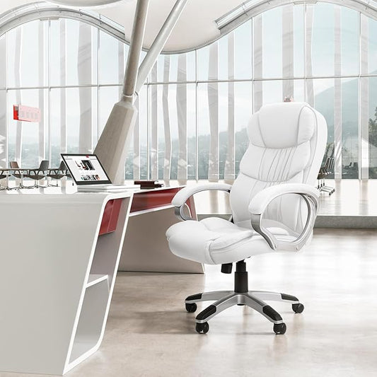 GUNJI Office Chair PU Leather High Back Executive Chair Ergonomic Computer Chair, Modern Adjustable Home Desk Chair Swivel Managerial Chair with Padded Armrests and Lumbar Support (White)