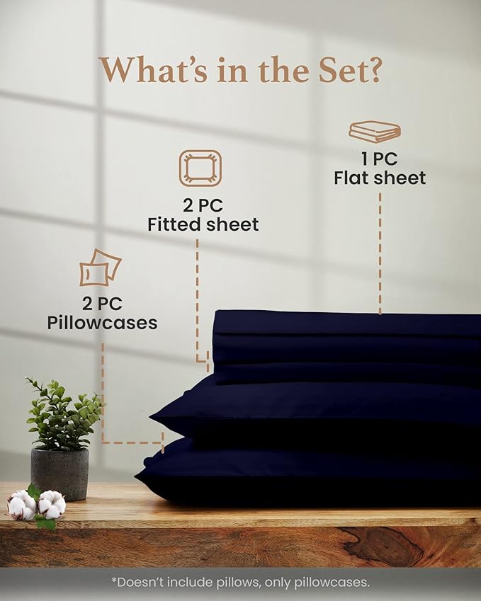 Good Sleep Bedding Split King Cotton Sheets Set for Adjustable Bed - Luxury Egyptian Cotton, 5 Piece, Sateen, 2 Fitted with 16" Deep Pocket, Navy Blue GoodSleepBedding