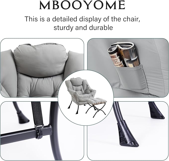 Lazy Chair with Folding Ottoman, Modern Accent Lounge Armchair with Armrests and a Side Pocket & Foldable Footstool, Leisure Reading Chair for Living Room, Bedroom, Dorm & Office, Light Grey