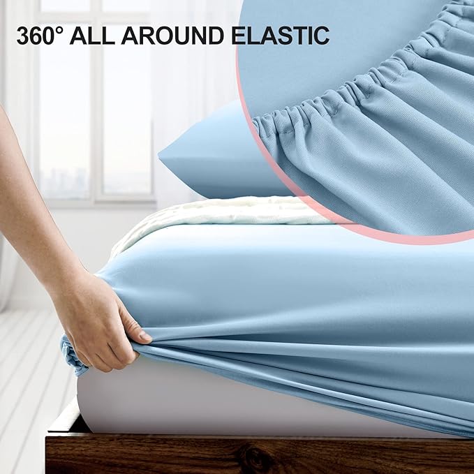 FreshCulture Queen Fitted Sheet Only - Hotel Quality Ultra Soft & Breathable Brushed Microfiber Fitted Sheet with 21 Inch Deep Pockets - Fits Queen Size Bed (Light Blue)
