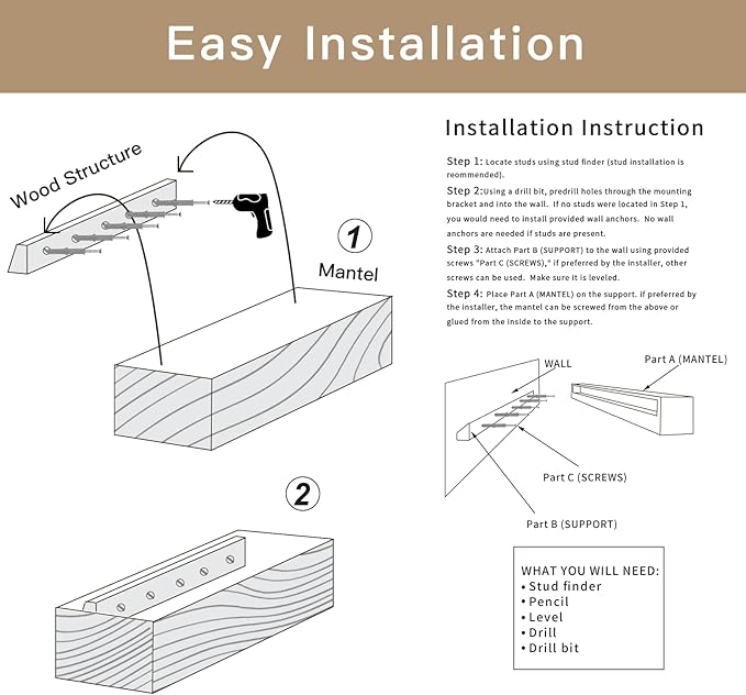 Fireplace Mantel Shelve, Solid Wood Baked Finish Wall-Mounted Floating Shelf for Over Fireplace, Handcrafted Floating Fireplace Mantels with Wooden Bracket, 60 x 8 x 6 Inches