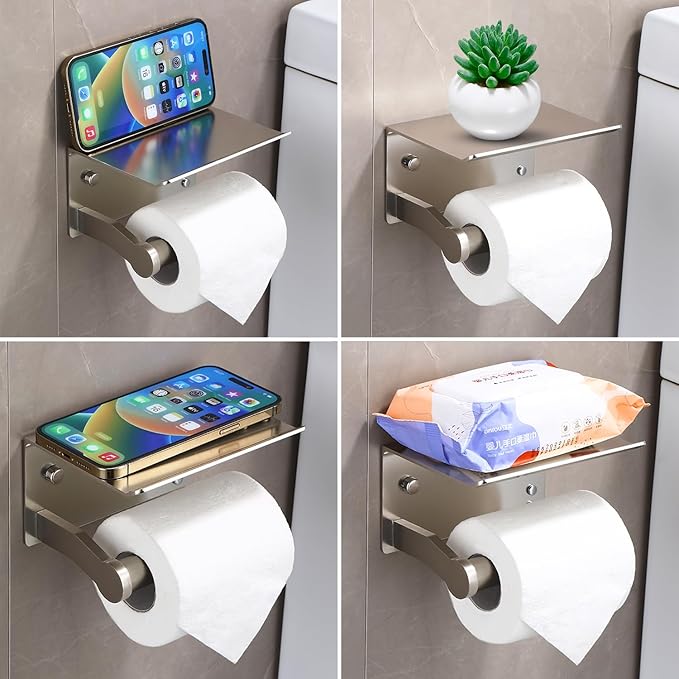 Toilet Paper Holder with Shelf - 3M Self Adhesive Tissue Towel Dispenser or Wall Mounted Toilet Paper Roll Holder - Rustproof Bathroom Phone Holder Tissue Holder Brushed Nickel
