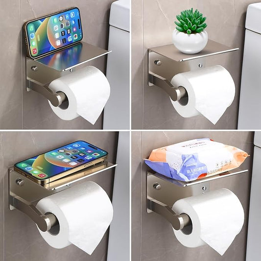 Toilet Paper Holder with Shelf - 3M Self Adhesive Tissue Towel Dispenser or Wall Mounted Toilet Paper Roll Holder - Rustproof Bathroom Phone Holder Tissue Holder Brushed Nickel