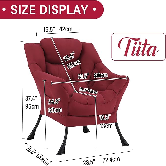 Tiita Lazy Chair, Modern Large Accent Lounge Armchair, Comfy Leisure Sofa Reading Chair for Bedroom, Living Room, Dorm Rooms, Garden and Courtyard, Red