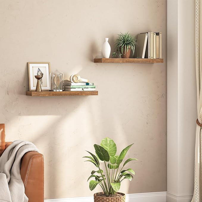 HOOBRO Floating Shelves for Wall, Wall Mounted Shelf Set of 2, 23.6" Hanging Shelf with Invisible Brackets, for Wall in Bathroom, Bedroom, Toilet, Kitchen, Living Room, Office, Rustic Brown BF60BJ01