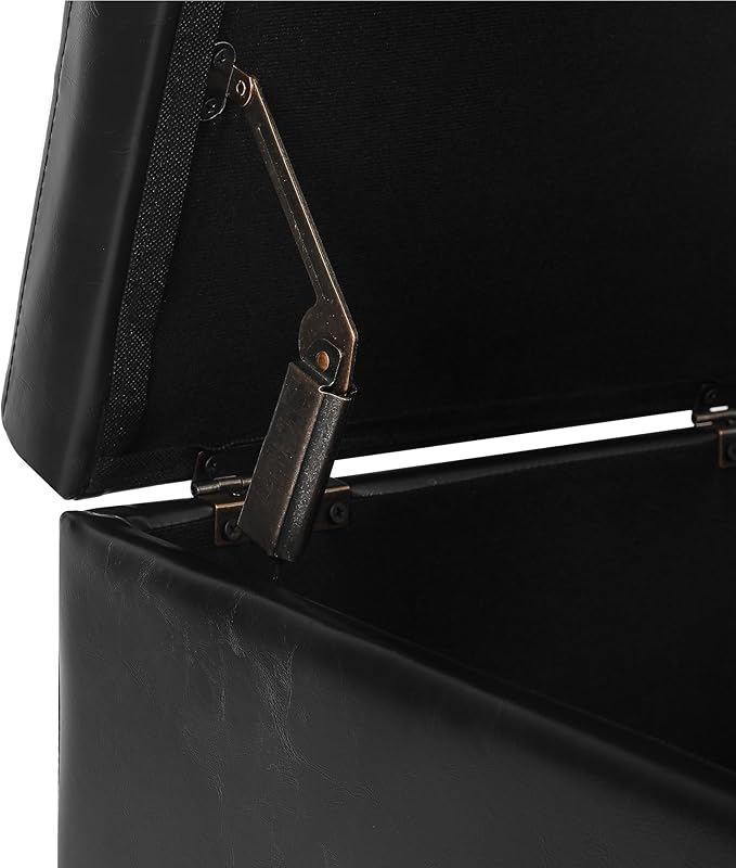 Leather Storage Ottoman with Hinged Lid, Square Foot Rest Stool Tufted Cube Footstool, Black