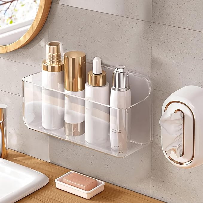Diesisa Acrylic Wall Mount Organizer - 10.6" D x 5" W x 6" H, Large Size Adhesive Wall Self - Shower Caddies Organizer - Bathroom Shelves with Self Adhesive Tape for Bathroom, Kitchen - Large Size