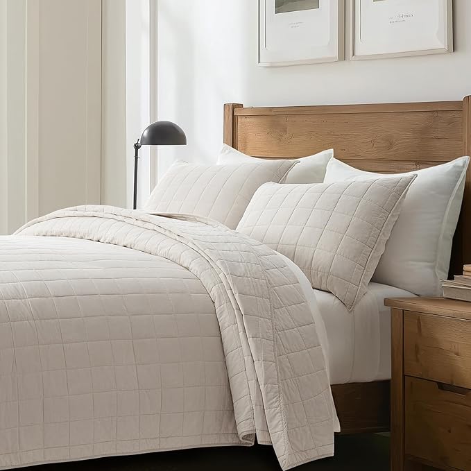 EVERGRACEHOME 100% Cotton Box Stitch Quilt Bedding Set Queen Size 3 Pieces, Garment-Washed Lightweight Soft Cozy Coverlet, Quilted Bedspread Sets with 2 Shams for All Season, Birch