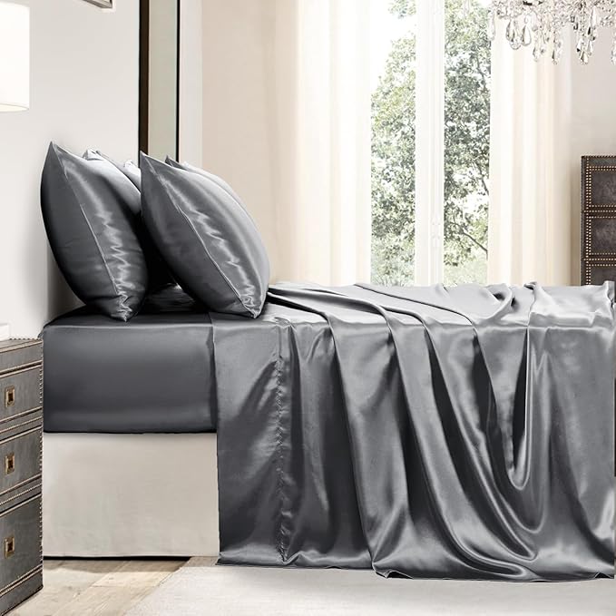Satin Sheets Queen Size - 6 Pieces Luxury Silky Soft Bed Sheets, Wrinkle-Free Dark Grey Satin Silk Sheet Set with 1 Deep Pocket Fitted Sheet, 1 Flat Sheet, 4 Pillow Cases