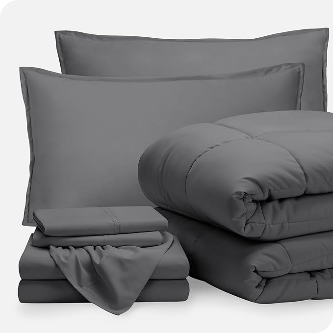Bare Home Bed-in-A-Bag 7 Piece Comforter & Sheet Set - Full XL - Goose Down Alternative - Ultra-Soft 1800 Premium Bedding Set (Full XL, Grey/Grey)