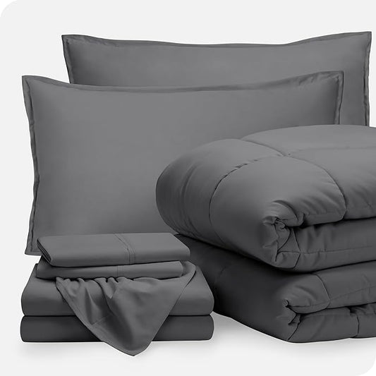 Bare Home Bed-in-A-Bag 7 Piece Comforter & Sheet Set - Full XL - Goose Down Alternative - Ultra-Soft 1800 Premium Bedding Set (Full XL, Grey/Grey)