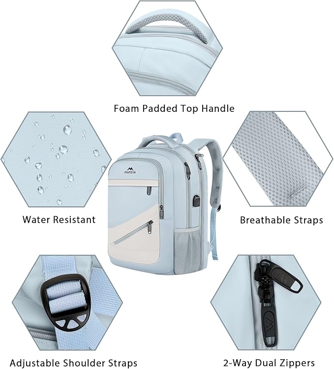 MATEIN 30 L Large Laptop Backpack, Stylish Lightweight Nursing Teacher Work Backpack with USB Charging Port, College Travel Comupter Bag Soft and Comfortable for Daily, Blue Beige