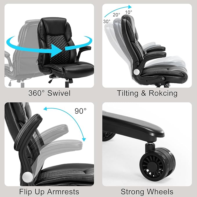 Home Office Chair, Executive Comeputer Desk Chair Ergonomic Office Chair with Adjustable Lumbar Support, Tilt Lock, PU Leather, Swivel Rolling Chair for Gaming Adult Working Study-Black