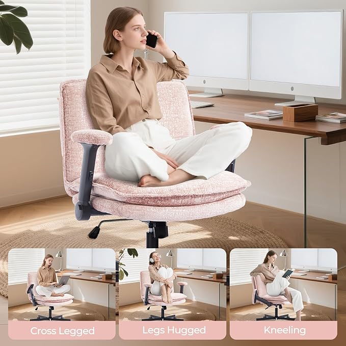 Criss Cross Chair with Flip-Up Arms and Lockable Wheels, Plush Fabric Cross Legged Office Desk Chair,Wider 125°Tilting Adjustable Swivel Computer Chair for Home, Apartment, Bedroom,Pink