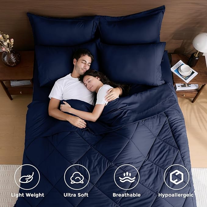 HEVUMYI Navy Blue Queen Comforter Set - 7-Piece All Season Bed in a Bag Queen, Ultra Soft Bedding Set with Comforter, Flat Sheet, Fitted Sheet, Pillowcases, Pillow Shams, Navy Blue
