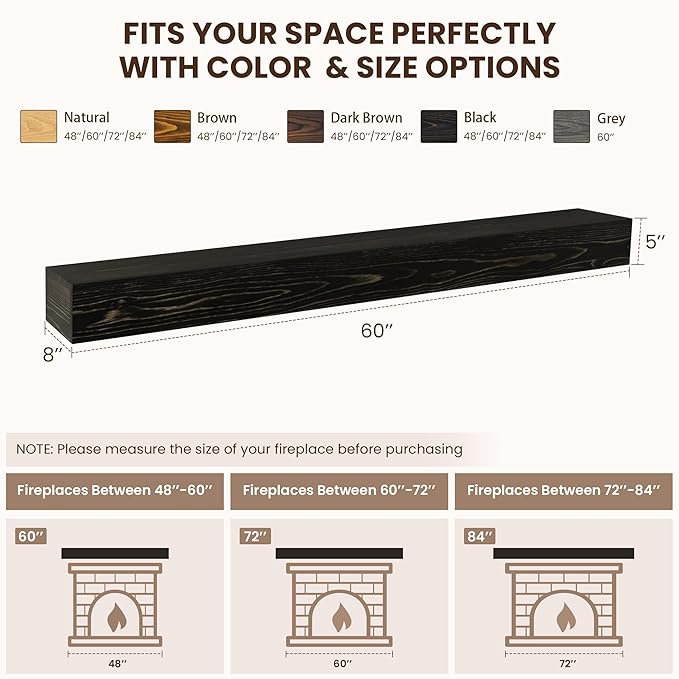 Fireplace Mantel 60inch, Solid Wood Mantel Shelf Handcrafted Rustic, Handcrafted Wood Fireplace Mantels Floating Mantle Shelves Decor for Wall, Bedroom, TV, Books, Livingroom 60 X 8 X 5 - Black