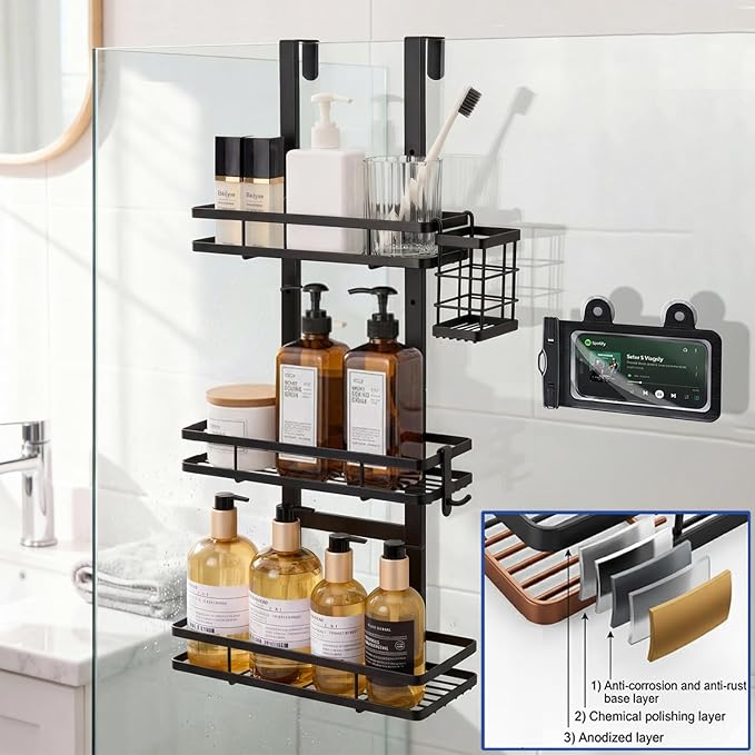 Over the Door Shower Caddy Hanging, Rustproof Shower Shelves with Waterproof Phone Pouch, 3-Tier Adjustable Bathroom Organizers and Storage, No Drilling Shower Shelf, Black Shampoo Soap Holder