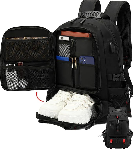 Large Laptop Backpack with Shoe Compartment, Waterproof Rucksack 15.6/17 Inch, Travel School Gym Work College Bags for Men (Black, JUMBO(80L))