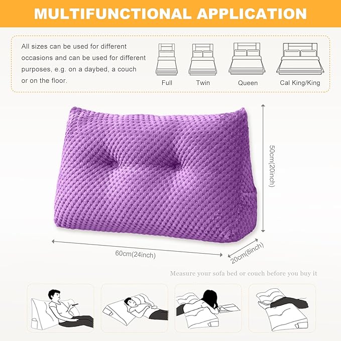 Large Triangular Headboard Wedge Pillow Soft and Supportive Headboard Backrest Positioning Support Bolster Cushion, Bed Wedge Pillow with Removable Cover(Purple,Twin,39x8x20inch)
