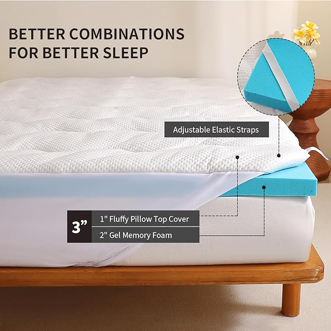 3 inch Dual Layer King Mattress Topper for Back Pain Relief，2 Inch Cooling Gel Memory Foam Plus 1 Inch Pillow Top Mattress Pad Cover 15% Viscose Made from Bamboo, with 6-16 Inch Deep Pocket (King)