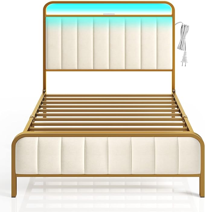Rolanstar Twin Size Bed Frame with LED Light and Charging Station, Upholstered Headboard and Footboard, Metal Slat, Golden