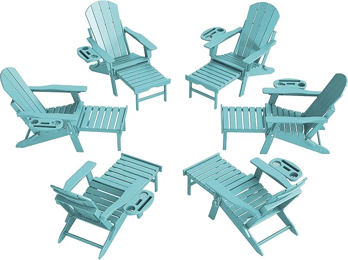 FOOWIN Adirondack Chair with Retractable Ottoman,HDPE Folding Adjustable Adirondack Chair w/4 in 1 Cup Holder Trays,All-Weather Resistant Fire Pit Chair for Outdoor Patio Lawn Set of 6