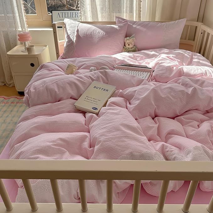 mixinni Pink Gingham Duvet Cover Queen Size - 3 Piece Cottagecore Plaid Bedding Set with Lace Trim, Soft Washed Microfiber Vintage Aesthetic Grid Comforter Cover & Pillow Shams, (Pink White Gingham)