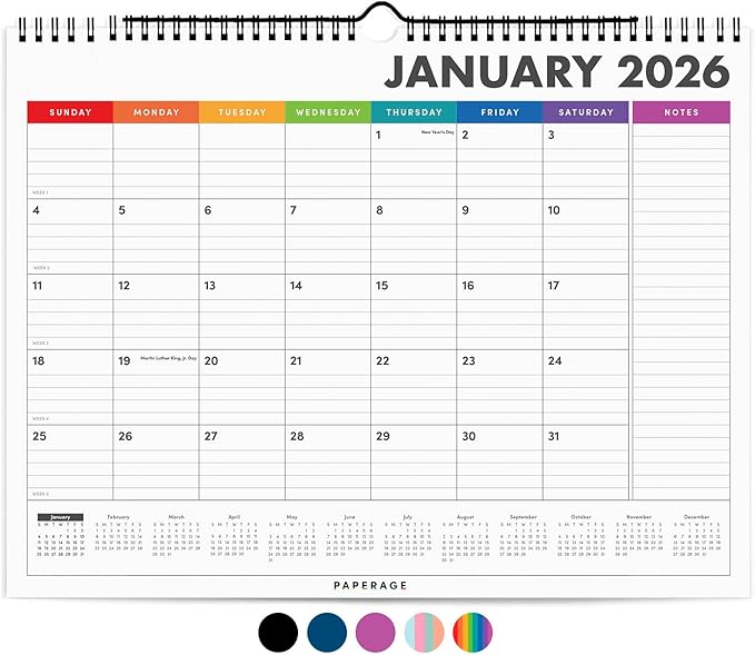 PAPERAGE 2026 Calendar, 12 Months (January 2026 - December 2026), Medium (11.5 in x 14.75 in), Minimalist Wall and Desk Calendar with Monthly Views, Yearly Plans & Notes Section – Rainbow