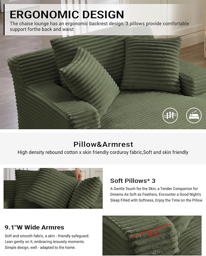 50 Inch Oversized Chaise Lounge Chair Indoor, Corduroy Upholstered Boneless Sofa Bed, Deep Seat Sleeper Couch Reading Chairs, Cloud Sofas Couches for Living Room, No Assembly Required, Olive Green