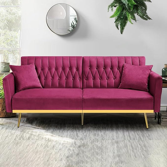 70” Velvet Futon Sofa Bed with 2 Pillows and Adjustable Armrests, Convertible Sleeper Bed W/Adjustable Backrests, Modern Loveseat for Living Room, Bedroom, Fuchsia