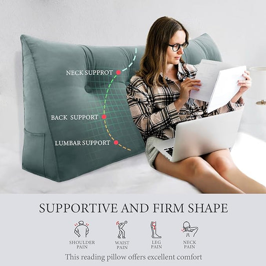 8 lbs Thickened Twin Wedge Pillow Headboard College Dorm Bed Velvet Wedge Pillow Backrest Triangular Headboard Pillows with Side Pocket, Dorm Bedding Essentials for Girls & Boys, Gray