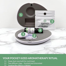 Essence Pearl Travel Case - Wearable Aromatherapy Kit with Nasal Diffuser Rings, Soaking Bay, and 5mL Essential Oil – Portable Wellness Gift Set for On?The?Go Self Care