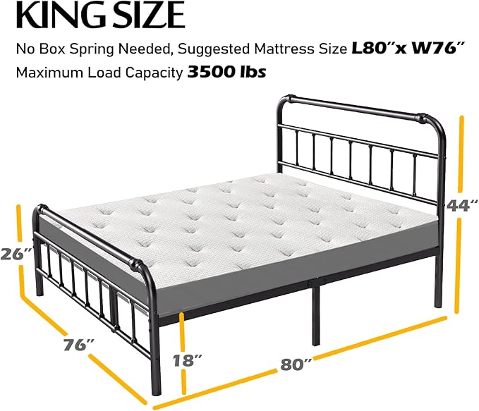 King Size Bed Frame with Headboard and Footboard, 18 Inches High, 3500 Pounds Heavy Duty Metal Slats Support for Mattress, No Box Spring Needed,Noise-Free, Black