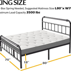 King Size Bed Frame with Headboard and Footboard, 18 Inches High, 3500 Pounds Heavy Duty Metal Slats Support for Mattress, No Box Spring Needed,Noise-Free, Black