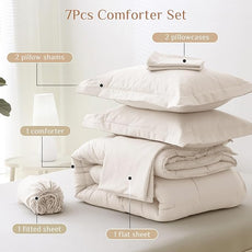 JOLLYVOGUE Full Comforter Set, Ultra-Soft Bed in a Bag Full Size 7 Pieces, Oeko-TEX Certified Bedding Set with Down Alternative Comforter, Sheets, Pillowcases & Shams, Beige