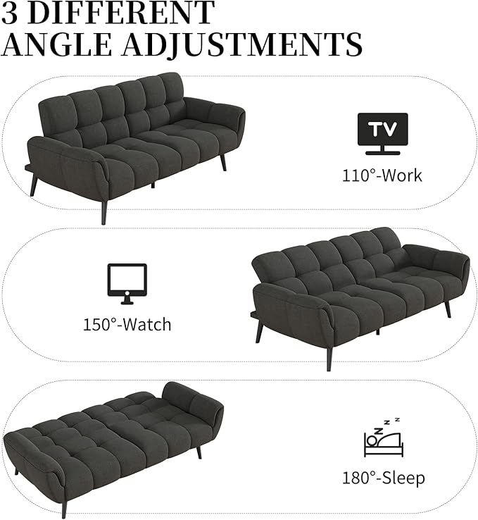 Futon Sofa Bed, Convertible 77" Modern Linen Futon Couch, Comfy Sleeper Sofa with Adjustable Backrests, Couch Bed for Small Spaces, Living Room, Bedroom, Apartment, Dark Gray