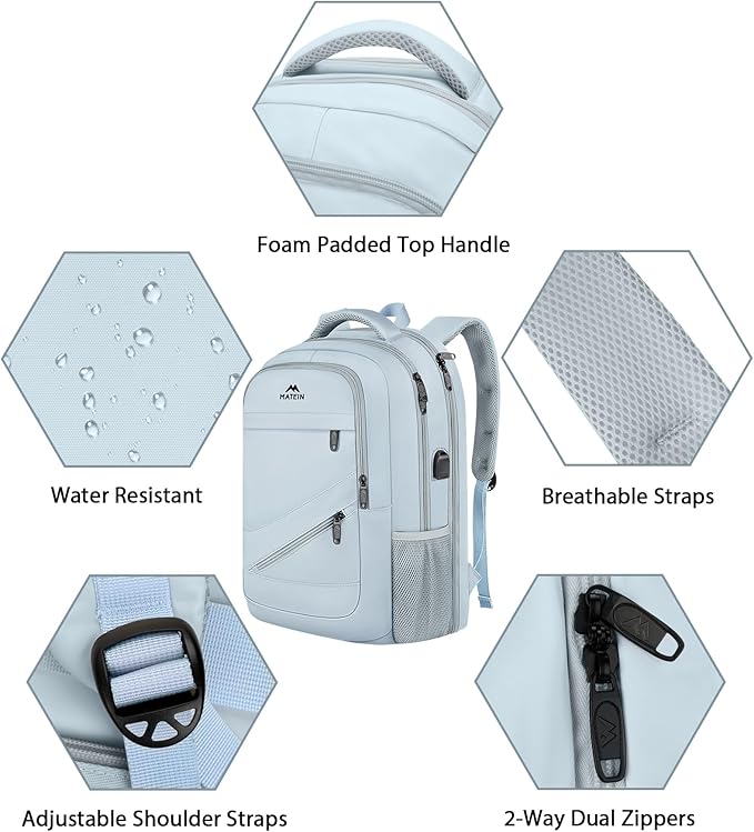 MATEIN Laptop Backpack 17 Inch, Womens Large Work Commute Backpack with USB Charging Port, Water Resistant Anti Theft Computer Bag for Students, Travel Daypack with Luggage Strap, Haze Blue