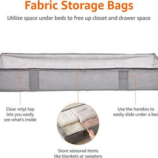 Amazon Basics Under Bed Fabric Zipper Blanket Storage Container Bags with Window and Handles, 2-Pack, 18 x 42 x 6 inches, Gray