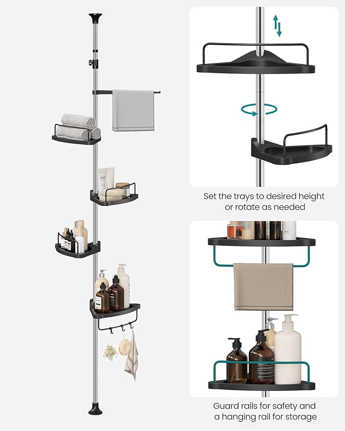 SONGMICS Corner Shower Caddy Tension Pole, 4-Tier Rust-Resistant Shower Organizer, Shower Shelf, Drill-Free, 35.8 to 118.1 Inches, Height Adjustable Trays, for Bathroom, Ink Black UBCB008B01