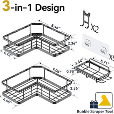 YASONIC Shower Caddy Corner, 3-Pack Adhesive Rustproof Stainless Steel Shower Shelves with Soap Holder, No Drilling Shower Organizer Corner for Dorm, Renters Bathroom, Black