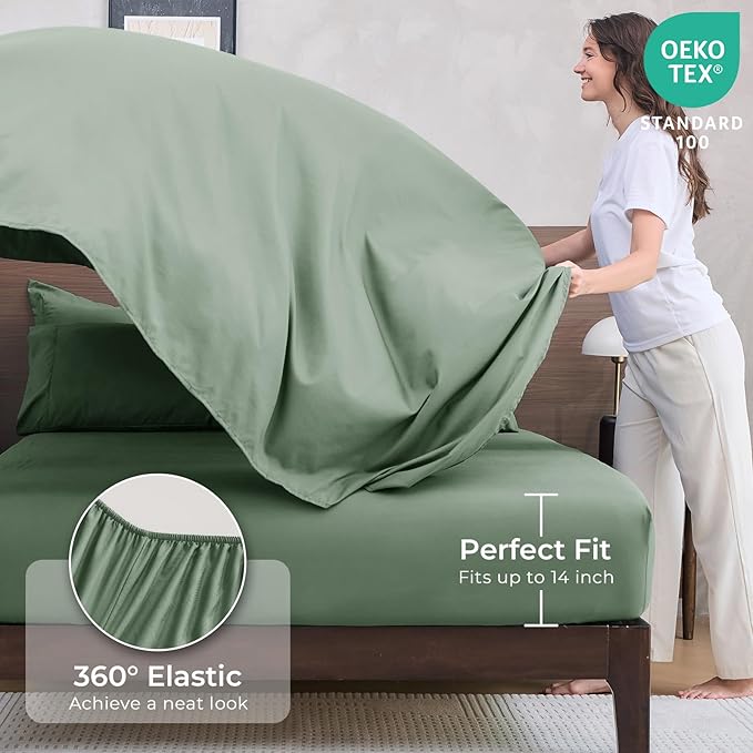 HEVUMYI Sage Green Queen Comforter Set - 7-Piece All Season Bed in a Bag Queen, Ultra Soft Bedding Set with Comforter, Flat Sheet, Fitted Sheet, Pillowcases, Pillow Shams, Sage Green