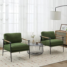 Mid-Century Accent Chair Set of 2, Soft Armchair Linen Fabric Lounge Chair with Black Metal Legs, Upholstered Leisure Chair for Living Room Reception Room, Green