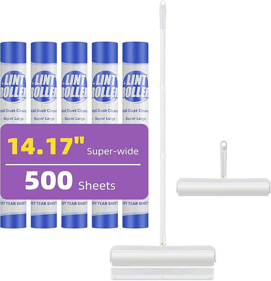 Lint Roller Kit 14.17" Extra-Wide with 5 Refills & Dust Cover | Reusable Pet Hair Remover for Furniture, Car, Clothes | Extendable Handle (100 Sheets/Roll) (5)
