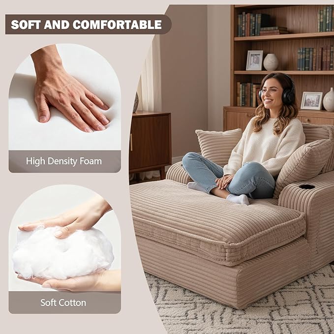67" Oversized Chaise Lounge Chair Indoor, Soft Boneless Cloud Couch with 3 Pillows, 4 Side Pockets and 2 Cup Holders, Comfy Corduroy Sleeper Couch for Living Room Bedroom, Camel