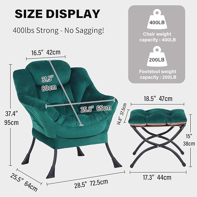 Tiita Lazy Chair with Ottoman, Modern Large Accent Lounge Armchair, Comfy Leisure Sofa Reading Chair with Footrest for Bedroom, Living Room, Dorm Rooms, Garden and Courtyard, Velvet Green
