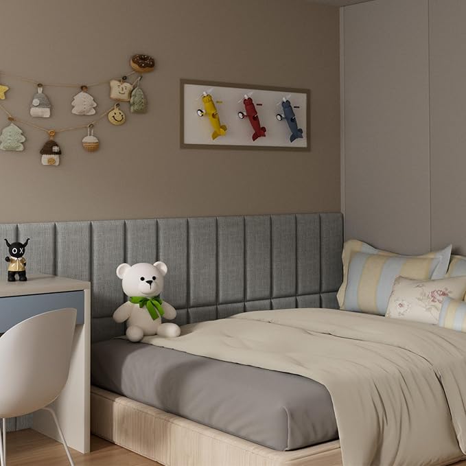 Upholstered Wall Mounted Headboard for Twin in Light Grey, Peel and Stick Wall Padding Panel Terry Cloth, 4 Panels Sized 9.84" x 23.62"