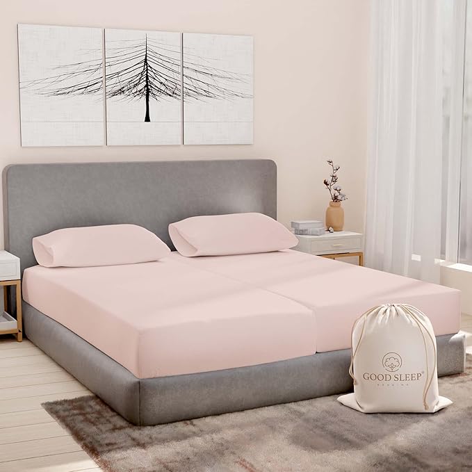 Good Sleep Bedding Split King Sheets Sets for Adjustable Bed Cotton, Luxury Sheets, Egyptian Cotton Sheets, 5 Piece 100% Cotton Split King Sheet Set, Sateen Sheetss, 2 Fitted - 16" Deep Pocket, Blush GoodSleepBedding